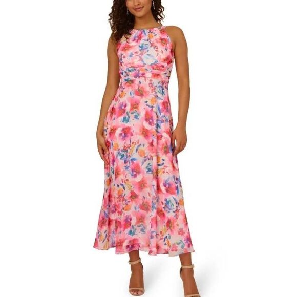 Adrianna Papell Dresses & Skirts - Adrianna Papell Floral Chiffon Maxi Dress Twist Front Size 14